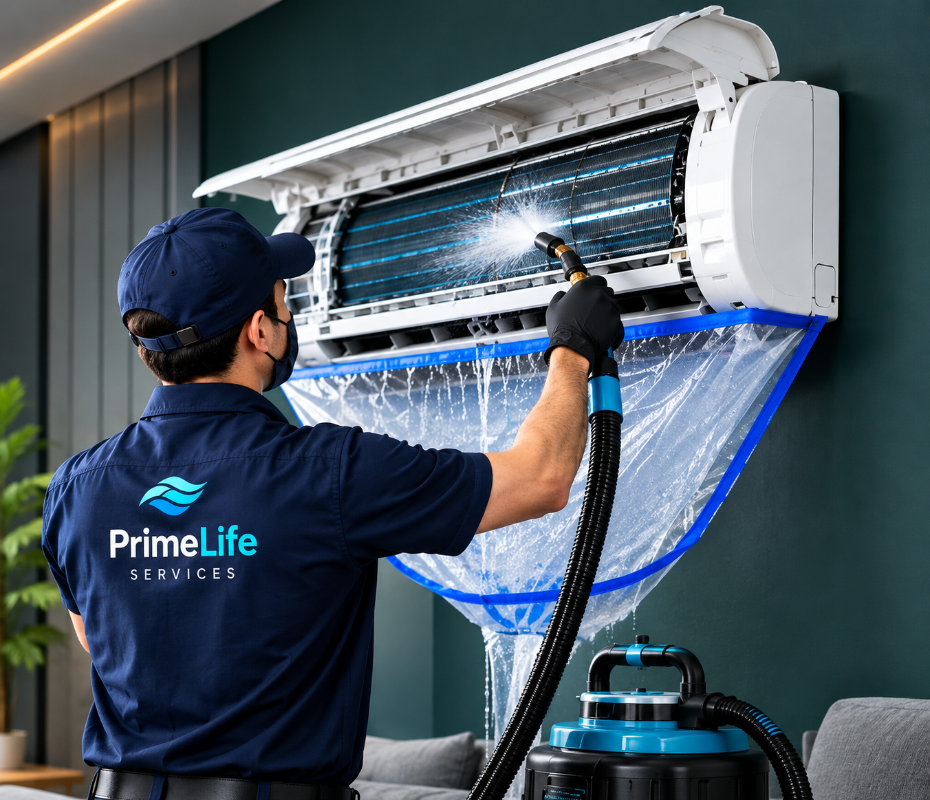 PrimeLife technician deep cleaning a split AC unit in Riyadh