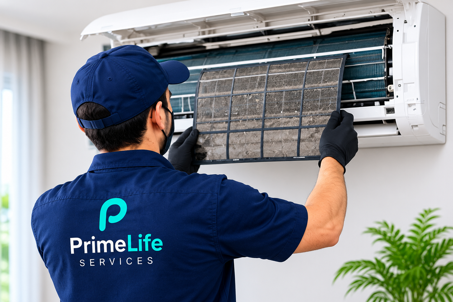 PrimeLife technician cleaning a split AC in Riyadh